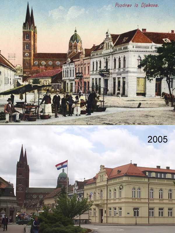 2 postcards Cathedral in Djakova.  Then and now.